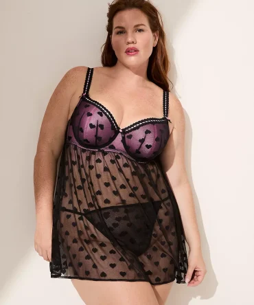 Heart Mesh Ribbon-Slot Underwire Babydoll