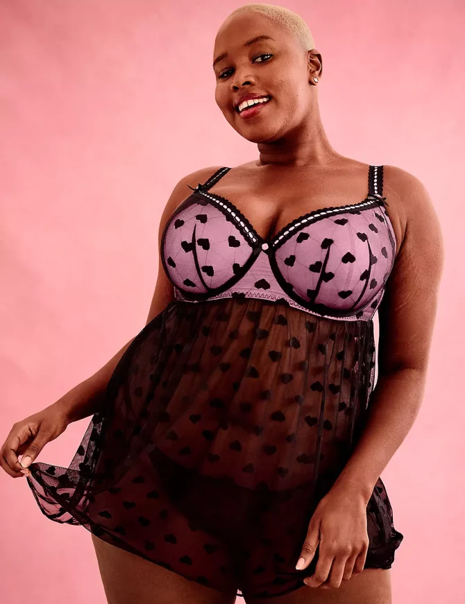 Heart Mesh Ribbon-Slot Underwire Babydoll - Image 3