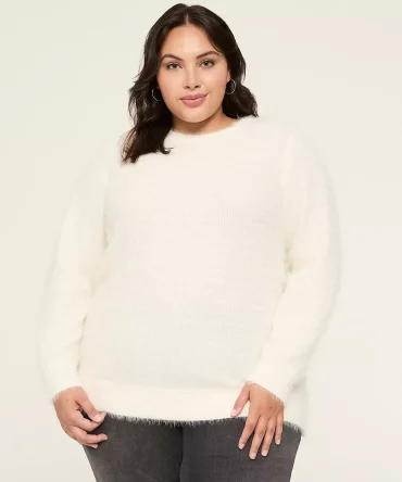 Crew-Neck Eyelash-Texture Knit Top