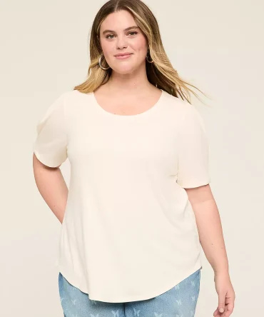 Curved-Hem Pleat-Sleeve Rib Tee