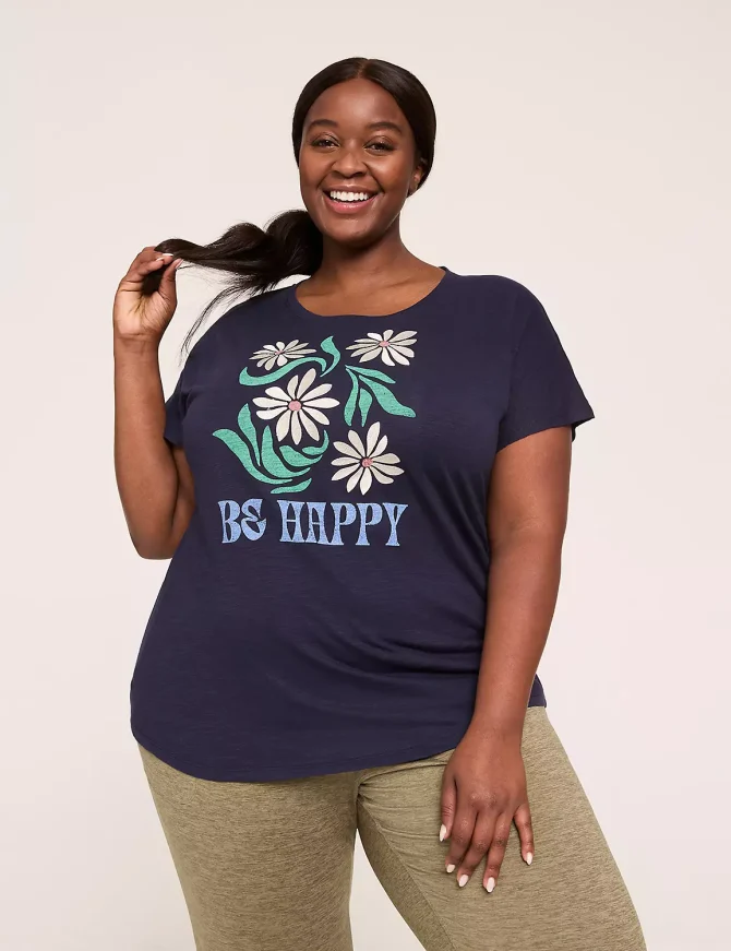 Embroidered Dolman-Sleeve Be Happy Graphic Tee