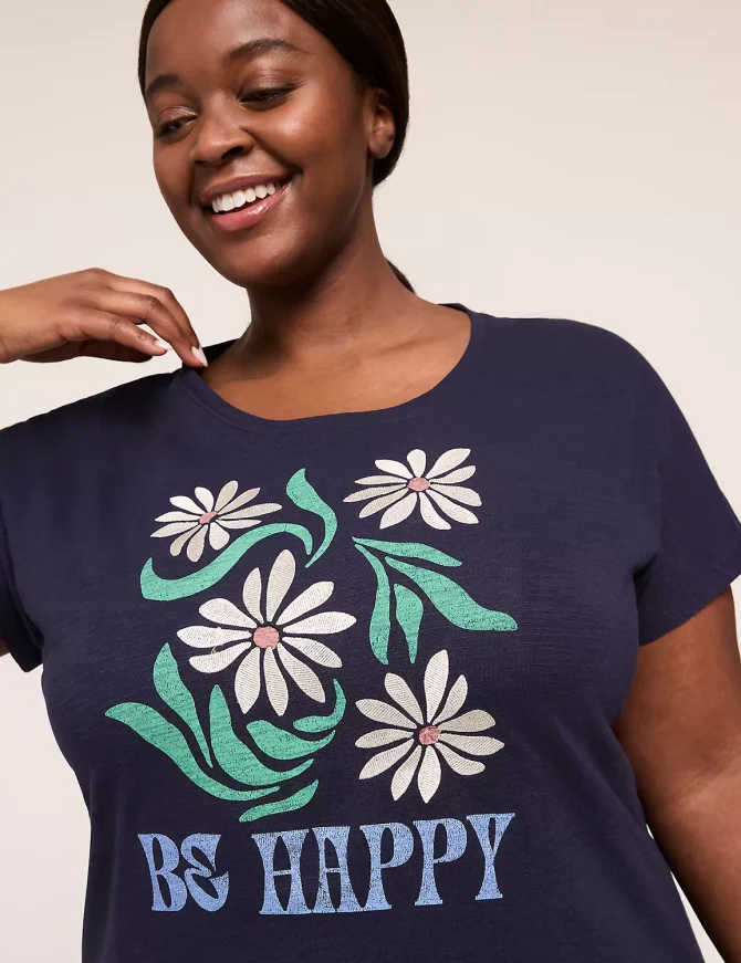 Embroidered Dolman-Sleeve Be Happy Graphic Tee - Image 4