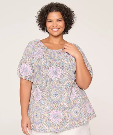 Bubble-Sleeve Knit & Woven Top