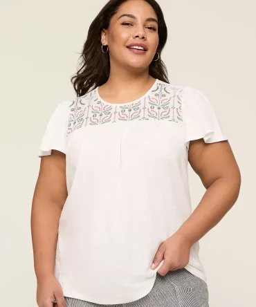 Embroidered-Yoke Short-Sleeve Top