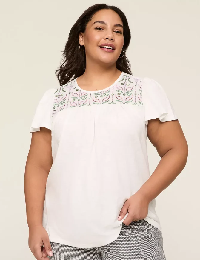 Embroidered-Yoke Short-Sleeve Top