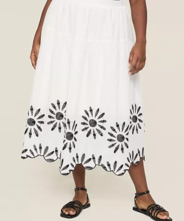 Embroidered Scallop-Hem Tiered Midi Skirt