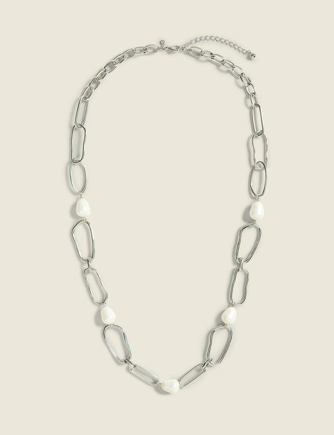 Silvertone & Pearlized Chain Necklace