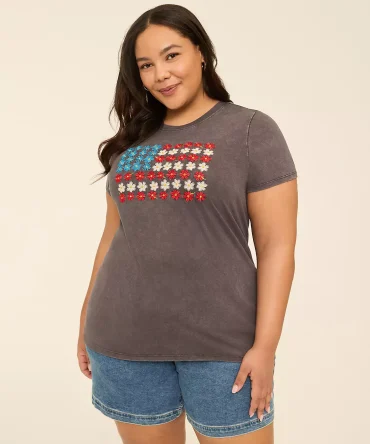 Embroidered American Flag Flower Graphic Tee