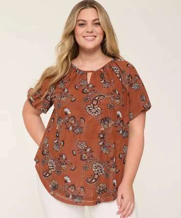 Bubble-Sleeve Notch-Neck Top