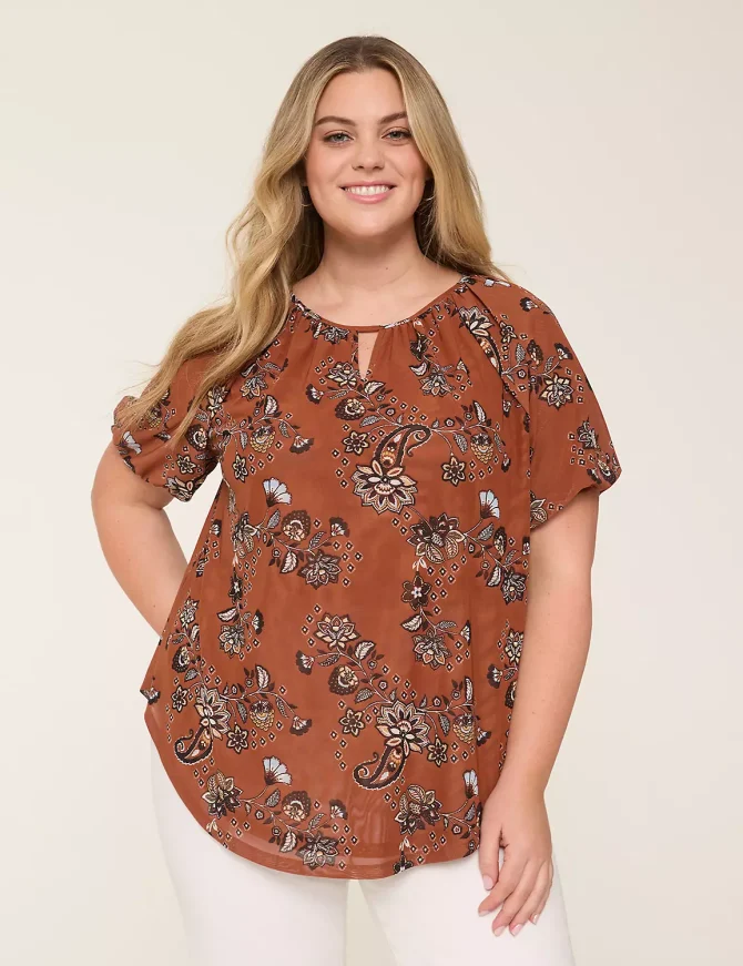Bubble-Sleeve Notch-Neck Top
