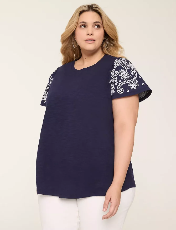Eyelet-Sleeve Crew-Neck Top - Image 5
