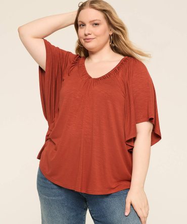 Dolman-Sleeve Shirred V-Neck Top